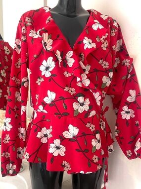 LYDELLE Plus Size Top 1X red floral blouse shirt XXL